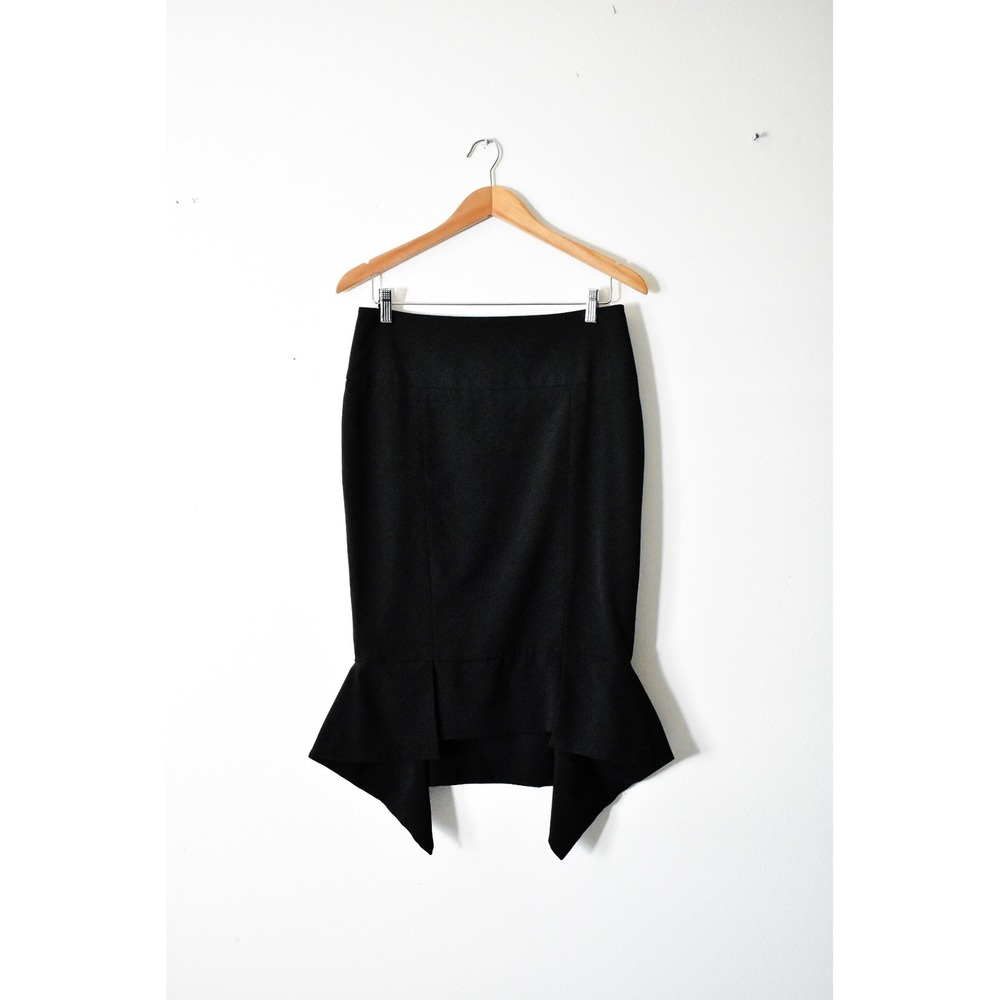 Venus Pencil Skirt Women 12 Black Y2K Asymmetrical Handkerchief Hem Fluted Zip